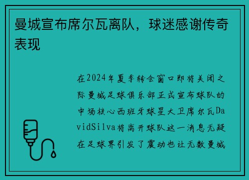 曼城宣布席尔瓦离队，球迷感谢传奇表现